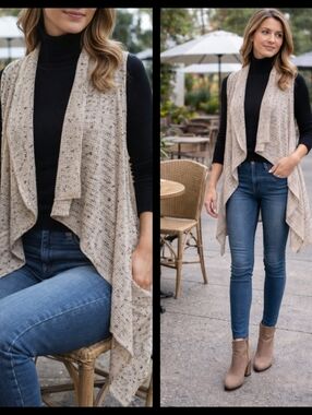 Katie Todd Womens Cardigan One Size Neutral Open Front Knit Mesh Lagenlook